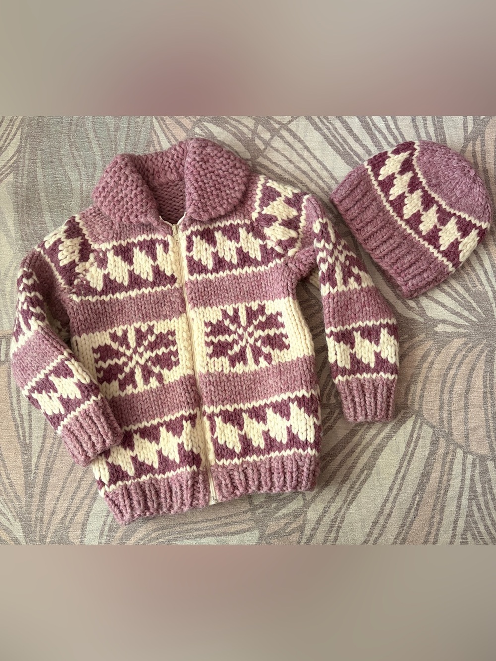 Vintage 1960s Hand Knit Wool Cowichan Style Snowflake Cardigan with matching hat